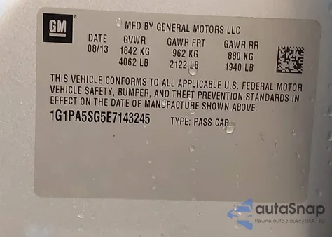 2014 Chevrolet Cruze Ls Auto z USA, uszkodzony, nr VIN 1G1PA5SG5E7143245